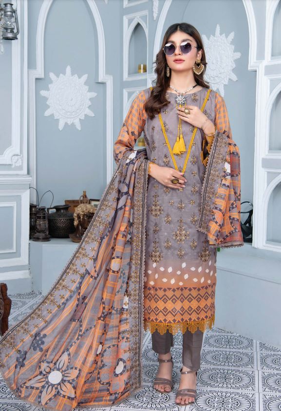 Print Lawn  embroidery suit with silky voil Chantilly dupatta