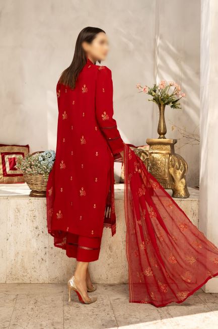 Slub Karandi embroidery suit with chiffon embroidered dupatta