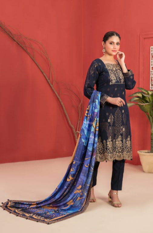 TAWAKKAL Jacquard Khaddar Chiken Kari Suit with Printed Shawl