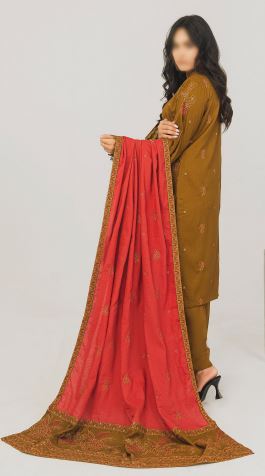 Peach Pashmina Embroidery suit with contrast Pashmina Embroidery Shawl