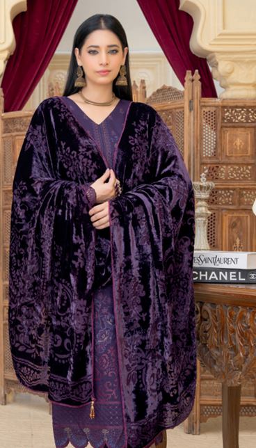 Premium Zari Peach Embroidery Suit with Velvet Cutwork Palachi Shawl