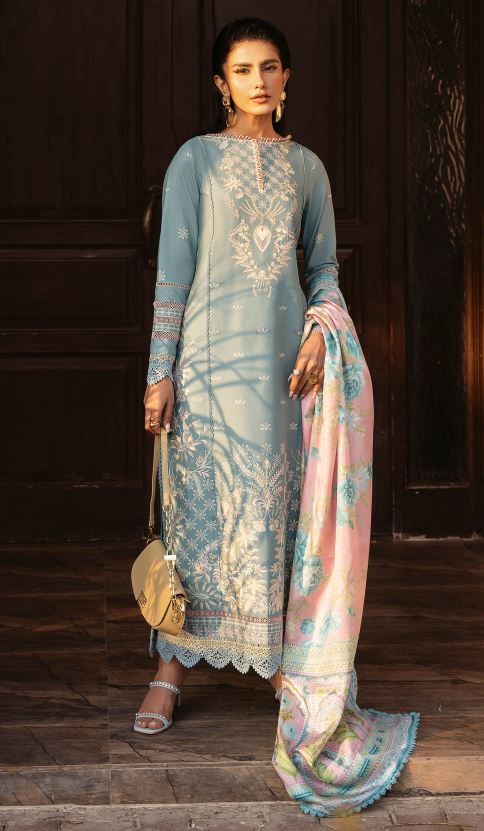 Kayra Binilyas 316 B Dyed Lawn Borer Embroidered Suit With Printed Silk Dupatta 3pc