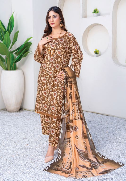 Allover print bana Dora viscose print suit with slub dupatta