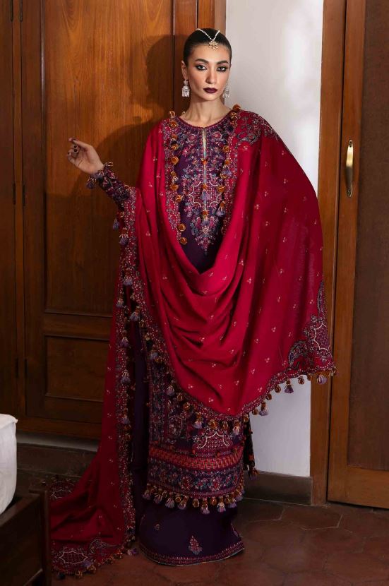 Embroidered Karandi Suit With Embroidered Shawls 3PC