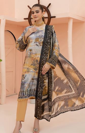 AIN ALIF V/361 07 Printed And Embroidered Viscous Bana Dora With Diamond  Dupatta And Fine Plain Trousers
