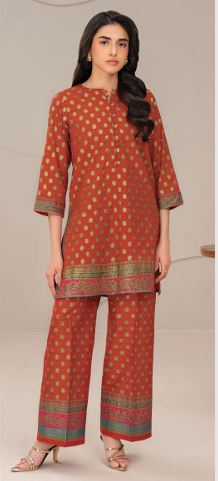 U3931 ORANGE Gold Paste Printed Lawn Suit 2pc