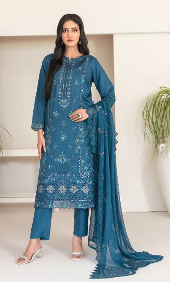 NAJWA TAWAKKAL 4394 Un-Stitched Fancy Embroidered Viscose Zari Shirt Designs with  Embroidered Chiffon Schiffli Dupatta & Un-Stitched Plain Staple Shalwar Fabric
