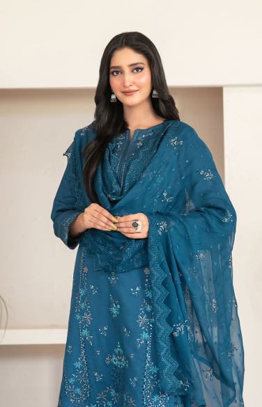 NAJWA TAWAKKAL 4394 Un-Stitched Fancy Embroidered Viscose Zari Shirt Designs with  Embroidered Chiffon Schiffli Dupatta & Un-Stitched Plain Staple Shalwar Fabric