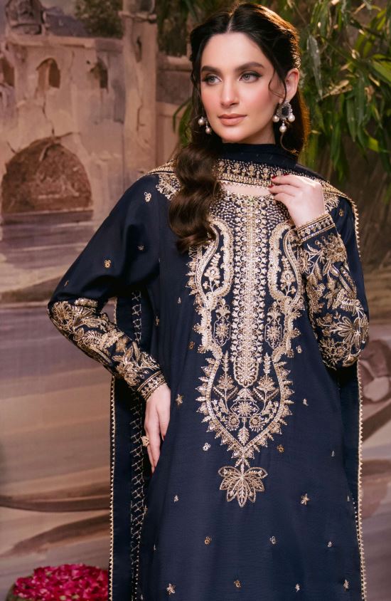 Embroidered Rawsilk Suit with Organza Embroidered  Dupatta = AABROO