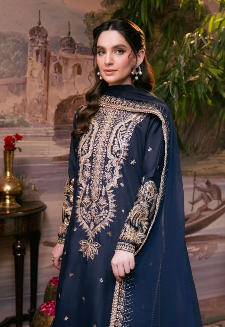 Embroidered Rawsilk Suit with Organza Embroidered  Dupatta = AABROO