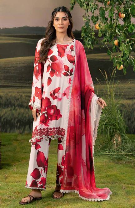 M BASICS MARIA B 01 B Embroidered Arabic Lawn Suit With Digital Printed Chiffon Dupatta
