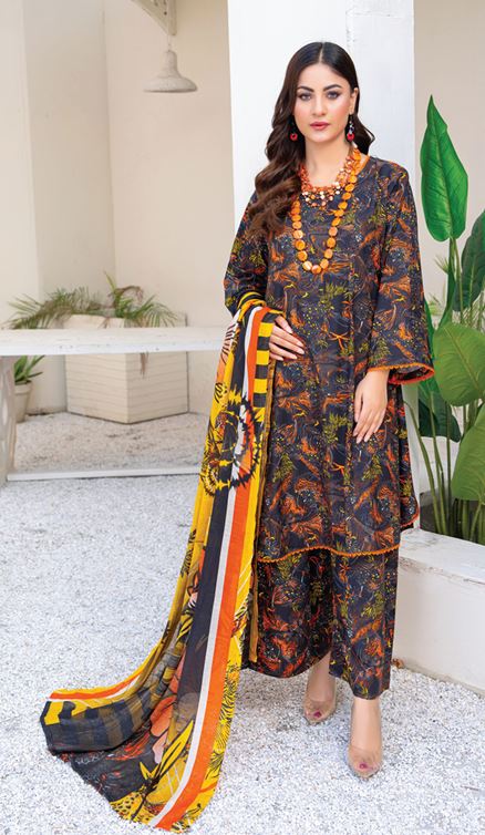 Allover print bana Dora viscose print suit with slub dupatta