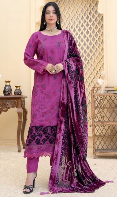 DOSHALEY BR 01 Premium Zari Peach Embroidery Suit with Velvet Cutwork Palachi Shawl