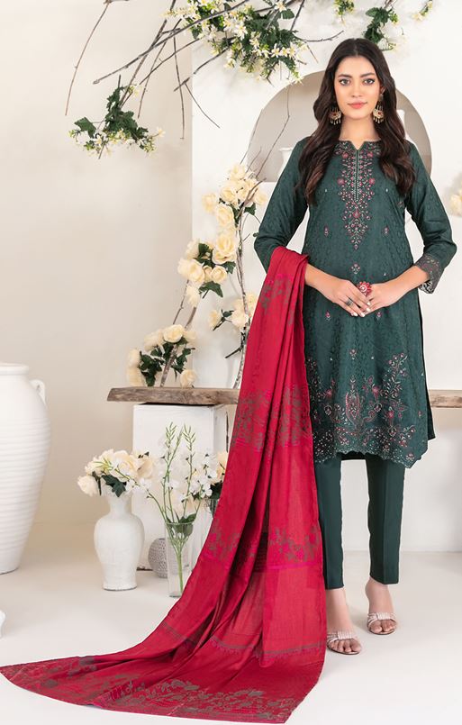 YUMNA TAWAKKIAL D-4553 Un-Stitched Embroidered Viscose Jacquard Shirt Designs with  Exclusive Banarsi Shawl Dupatta & Un-Stitched Plain Staple Shalwar Fabric