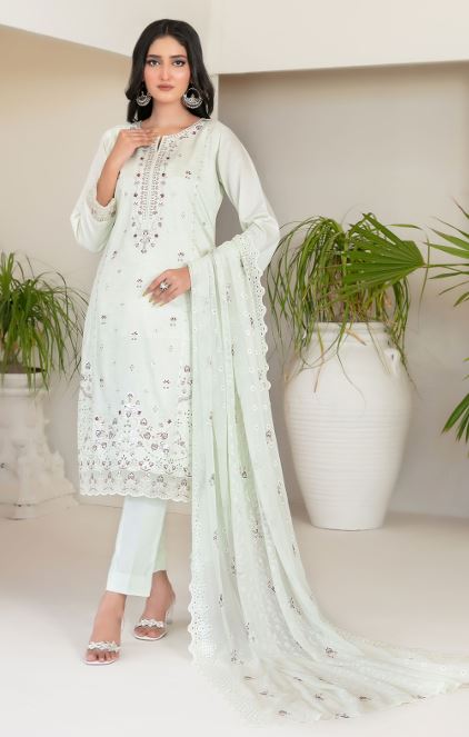 NAJWA TAWAKKAL 4388 Un-Stitched Fancy Embroidered Viscose Zari Shirt Designs with  Embroidered Chiffon Schiffli Dupatta & Un-Stitched Plain Staple Shalwar Fabric