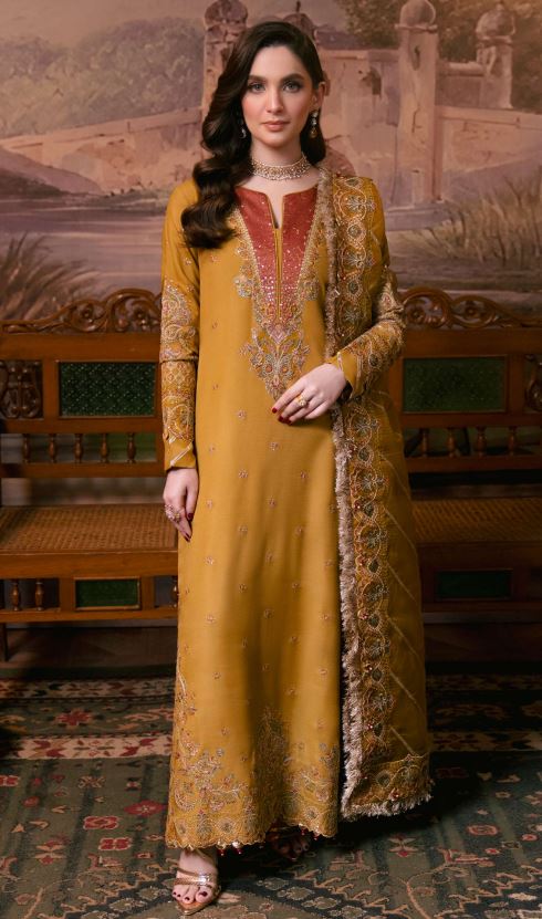 Embroidered Rawsilk Suit with Organza Embroidered  Dupatta = KESAR