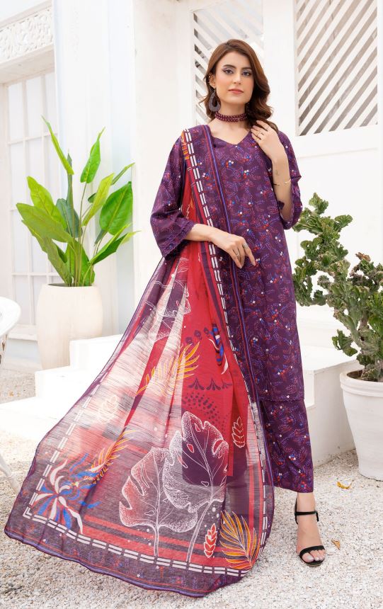 Allover print bana Dora viscose print suit with slub dupatta