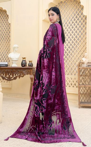 DOSHALEY BR 01 Premium Zari Peach Embroidery Suit with Velvet Cutwork Palachi Shawl