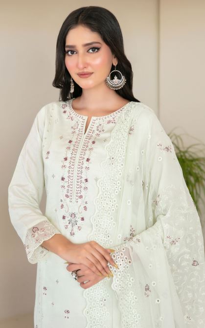 NAJWA TAWAKKAL 4388 Un-Stitched Fancy Embroidered Viscose Zari Shirt Designs with  Embroidered Chiffon Schiffli Dupatta & Un-Stitched Plain Staple Shalwar Fabric