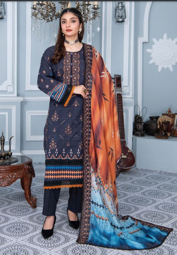 Print Lawn  embroidery suit with silky voil Chantilly dupatta