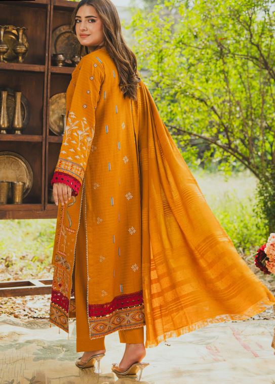 Slub Peach Embroidery Suit With Peach Velvet Shawl