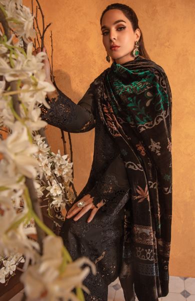 Karandi Dyed Embroidered Suit With Velvet Plush Shawl