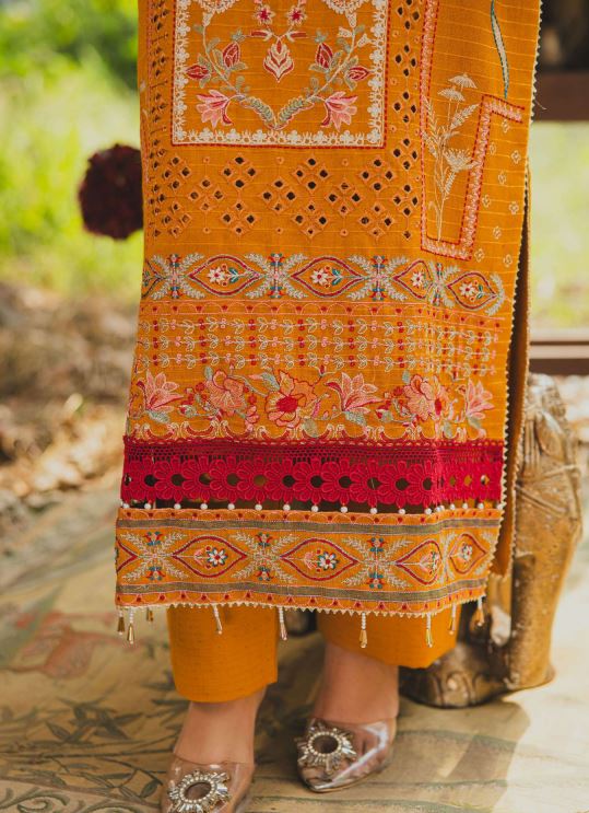 Slub Peach Embroidery Suit With Peach Velvet Shawl