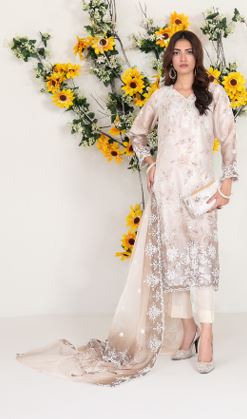 LARIMAR TAWAKKAL D-4255 Semi Stitched Fancy Organza Embroidery Suit With Silky Inner and Complimentary Clutch