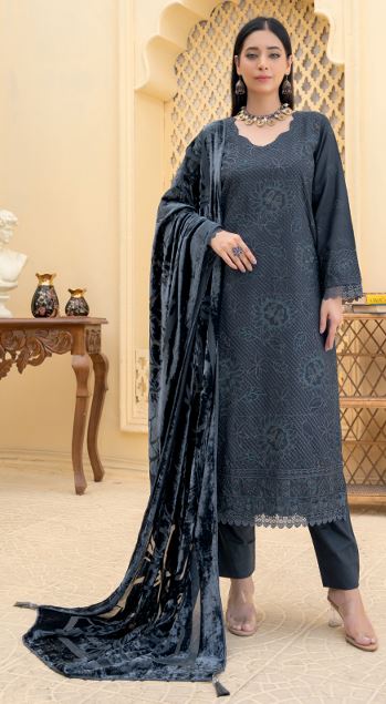 DOSHALEY BR 02 Premium Zari Peach Embroidery Suit with Velvet Cutwork Palachi Shawl