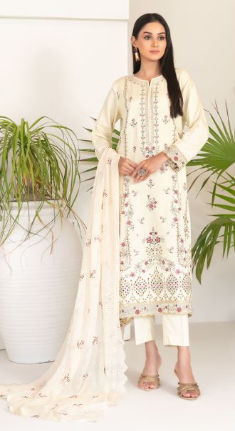 NAJWA TAWAKKAL 4389 Un-Stitched Fancy Embroidered Viscose Zari Shirt Designs with  Embroidered Chiffon Schiffli Dupatta & Un-Stitched Plain Staple Shalwar Fabric