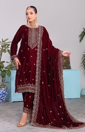 VELVET CREATION V/1 02 Embroidery Cut Dana Velvet Shirt With Fancy Cut Dana Embroidery Shawl and Embroidery Velvet Trouser.