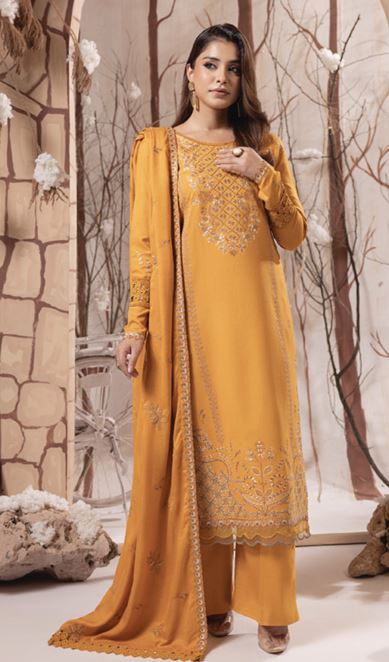 IRINA HUMDUM 02 Premium Embroidered P E A C H  W O O L Collection with Embroidered Same Fabric Shawl