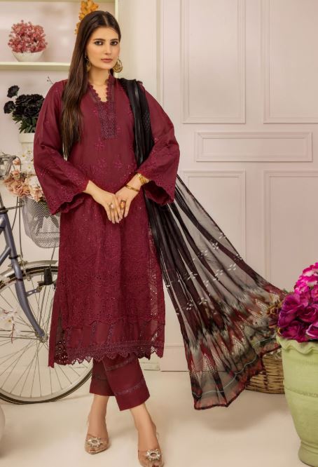 Premium lawn embroidery suit with crinkle chiffon print dupatta