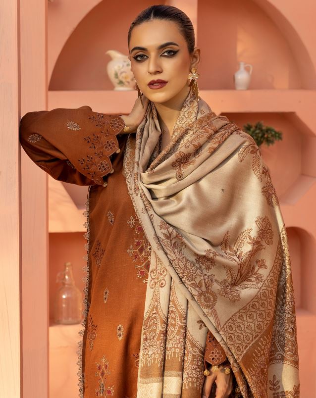 JAHAN AARA V/1 D-06 Premium Embroidery suit with fancy Jacquard Handmade Embroidery Shawl