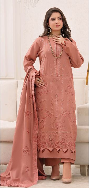 AWAAZ BR 03 Premium Zari Peach Embroidery Suit With Woolen Embroidery Shawl