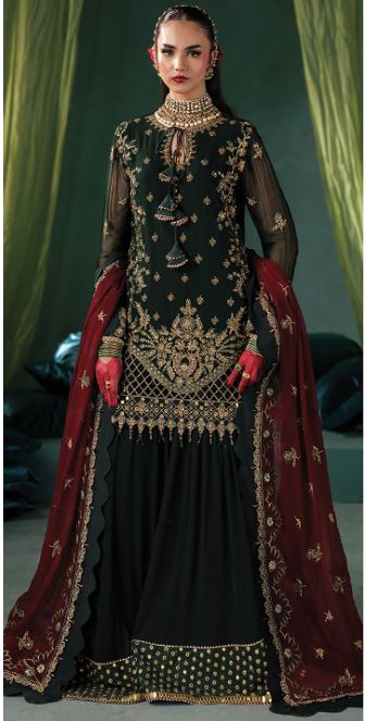 MEERAL BY SAAD SHAIKH D-003 Embroidered Hand Embellished  Chiffon Suit With Embroidered Chiffon  duppata