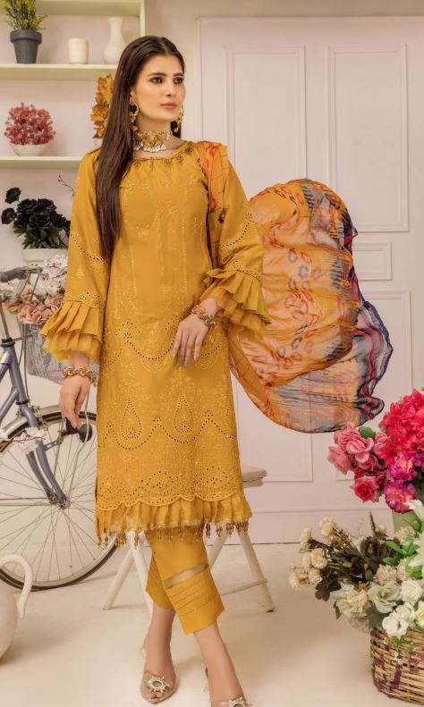 Premium lawn embroidery suit with crinkle chiffon print dupatta