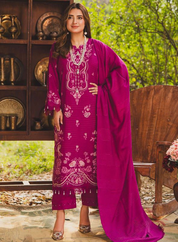 peach velvet PR-384B Slub Peach Embroidery Suit With Peach Velvet Shawl