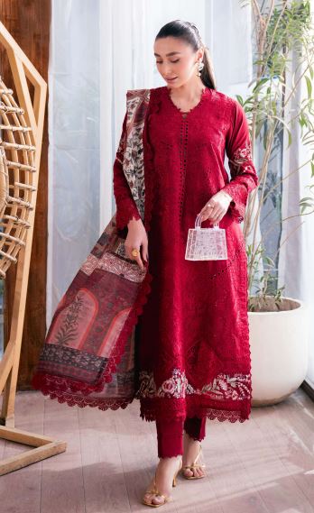 SYMPHONY NEESHAY SCARLET EMBROIDERED LAWN SUIT WITH PRINTED DUPATTA 3PC