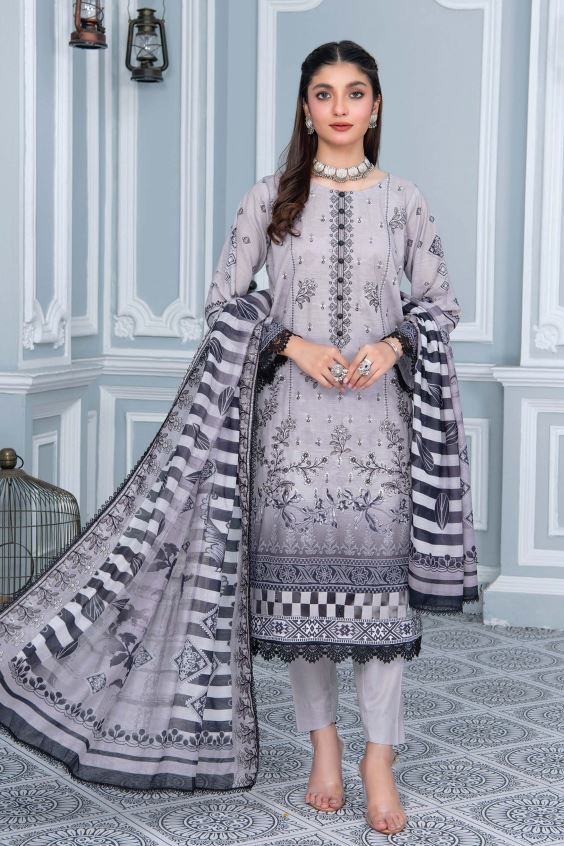 Print Lawn  embroidery suit with silky voil Chantilly dupatta