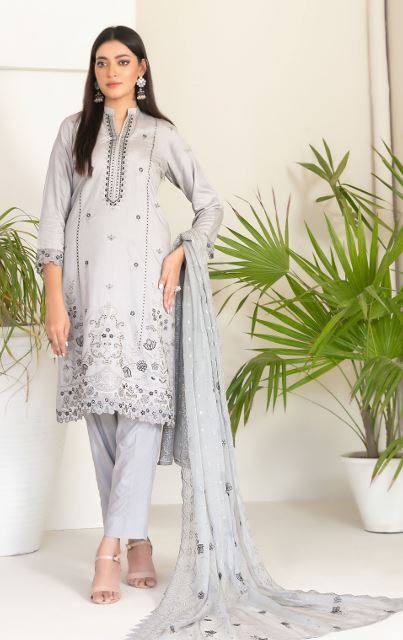 NAJWA TAWAKKAL 4391 Un-Stitched Fancy Embroidered Viscose Zari Shirt Designs with  Embroidered Chiffon Schiffli Dupatta & Un-Stitched Plain Staple Shalwar Fabric