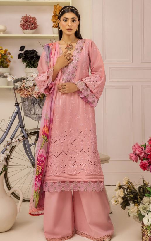 Premium lawn embroidery suit with crinkle chiffon print dupatta