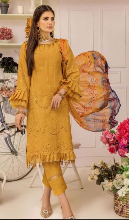 Private: Premium lawn embroidery suit with crinkle chiffon print dupatta