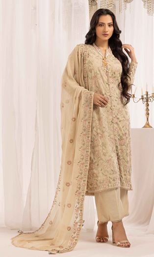 JASMIINE MAHEES RA 04 Elegant embroidered karandi suit with embroidered crinkle duppata
