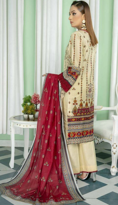 Lawn embroidery suit with digital fancy dupatta