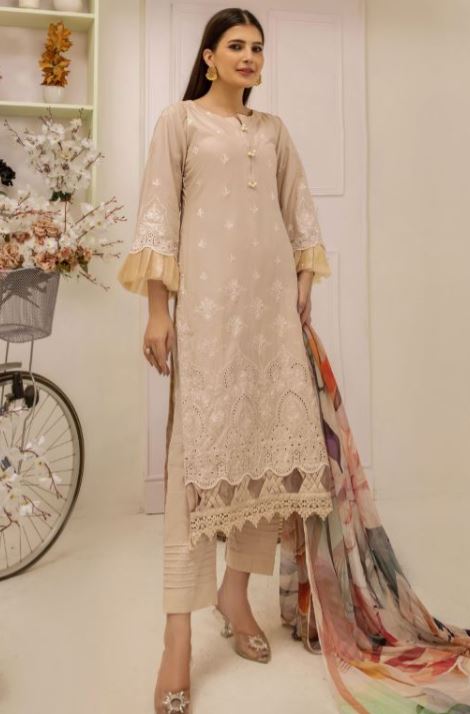 Private: Premium lawn embroidery suit with crinkle chiffon print dupatta