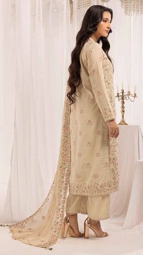 JASMIINE MAHEES RA 04 Elegant embroidered karandi suit with embroidered crinkle duppata