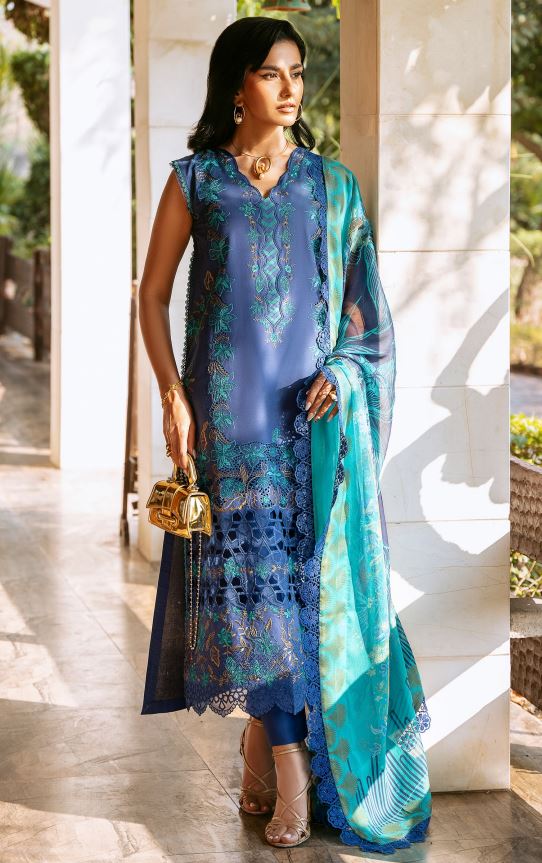 Kayra Binilyas 315 A Dyed Lawn Borer Embroidered Suit With Printed Silk Dupatta 3pc