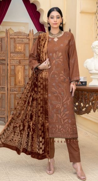 Premium Zari Peach Embroidery Suit with Velvet Cutwork Palachi Shawl
