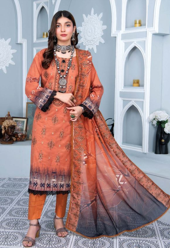 Print Lawn  embroidery suit with silky voil Chantilly dupatta